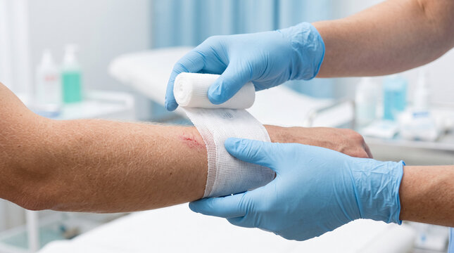 Doctor applying a medical bandage to a patient arm in a clinic