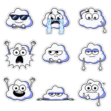 Set of nine cartoon cloud character stickers on transparent background
