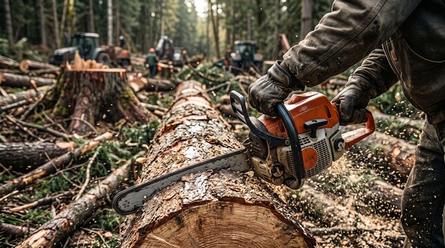 Lumberjack cutting tree trunk with chainsaw in forest environment