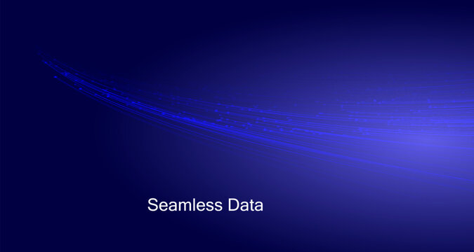 Horizontal data flow technology banner with points, headline text and a button on a dark teal background.