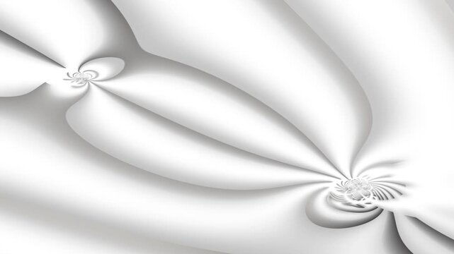An abstract 3D fractal animation featuring undulating white and grey smooth wave surfaces with dynamic swirl patterns.