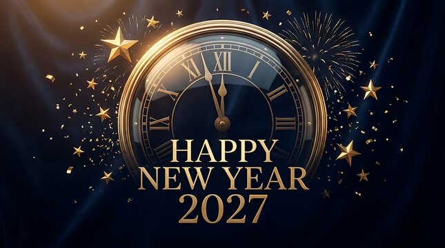 Elegant golden clock face marking midnight with festive lights celebrating a happy new year 2027 holiday background