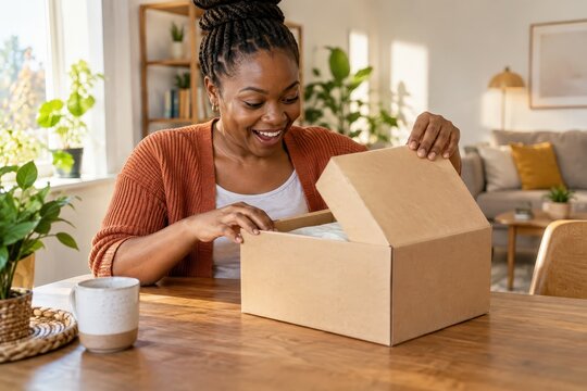 Happy woman opening cardboard delivery box at home