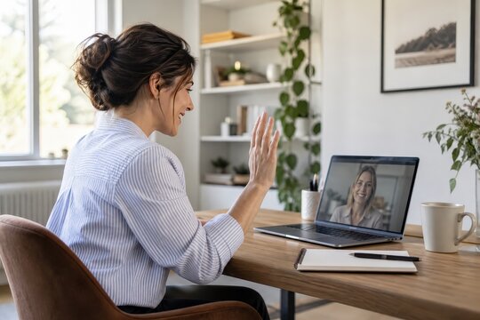 Professional woman greeting client on video call