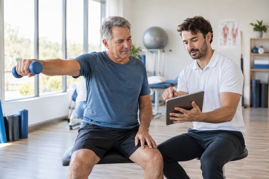 Physiotherapist guides patient through arm exercise
