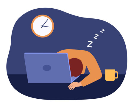 Man is sleeping on the desk work. Too much work, tried, work hard, vector cartoon