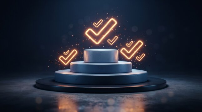 Neon Checkmarks on Pedestal: Glowing neon checkmarks hover around a tiered pedestal, symbolizing completion, approval, and success.