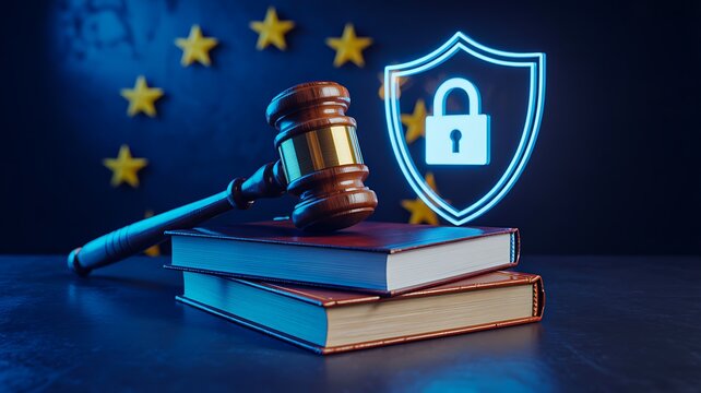 Legal cybersecurity concept with judge gavel books european stars and digital shield lock