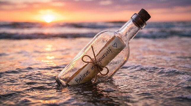Message in a Bottle: A weathered glass bottle containing a rolled-up message with Believe in yourself written on it washes ashore with the gentle tide at sunset, symbolizing hope and self-belief.