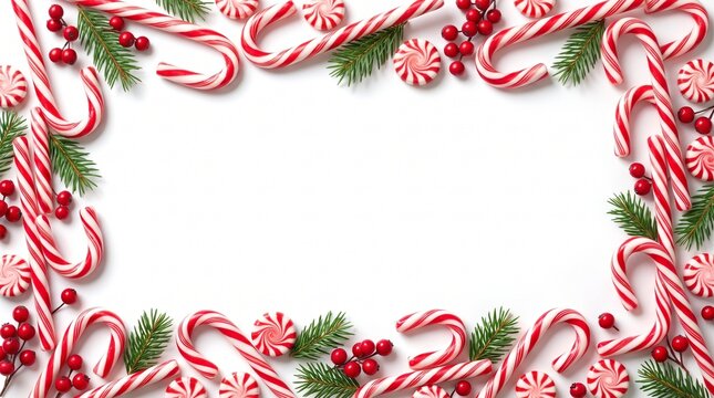 Festive christmas border made of candy canes and evergreen pine branches isolated on a white background