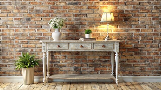 A rustic whitewashed console table stands proudly against a weathered brick wall exuding warm vintage charm