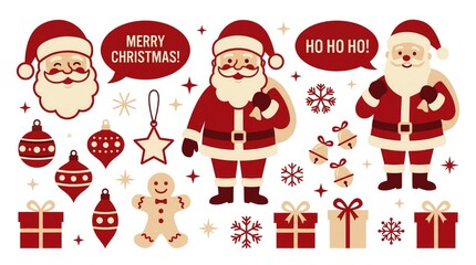 Fototapeta premium Set of cute santa claus characters, christmas ornaments, gifts, and gingerbread man isolated on white background