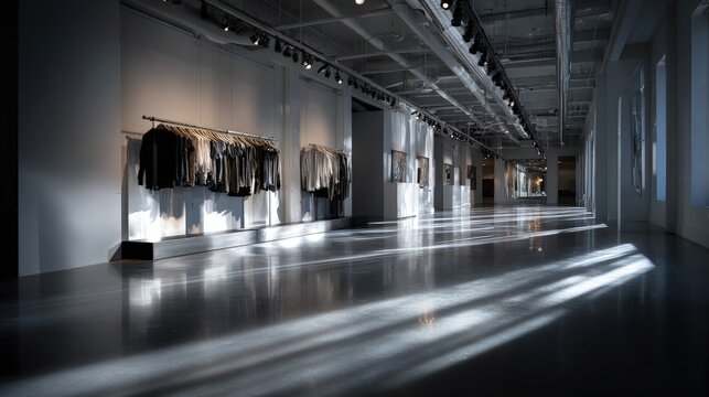 Empty modern fashion showroom sleek clothing racks and mannequins casting long shadows under track lighting