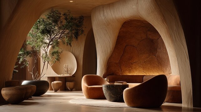 Organic abstract interior design featuring biomorphic shapes earthy textures and warm ambient lighting in a cozy space