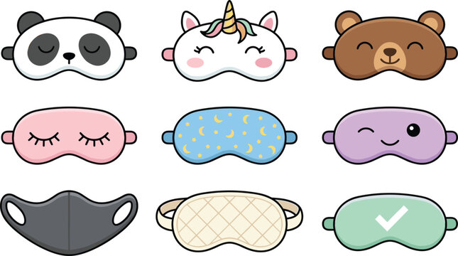 Cute Sleep Eye Mask Vector Icon Set Featuring Animal Faces Unicorn Patterned and Minimalist Eyepatches for Wellness Apps and Pajama Party Designs