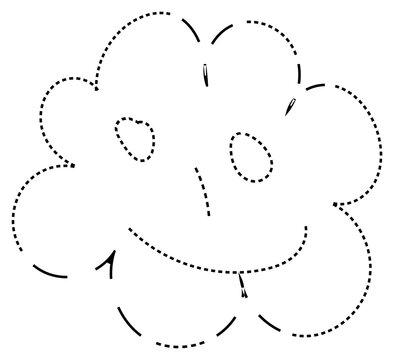 Dashed outline sketch of a simple smiling cloud shape with dashed line cute icon doodle drawing dotted outline weather icon simple design cartoon cloud hand drawn smiling face dashed stroke