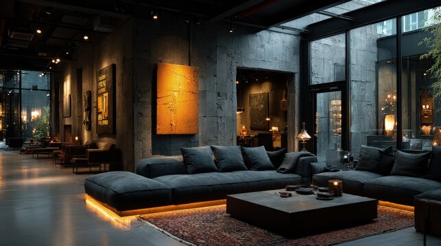A moody empty modern showroom dark tones indirect lighting and a single illuminated art piece