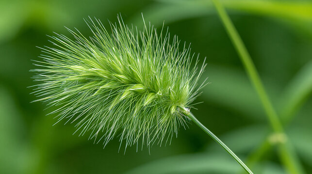 Macro shot of a green foxtail grass seed head covered in dew drops with water droplets