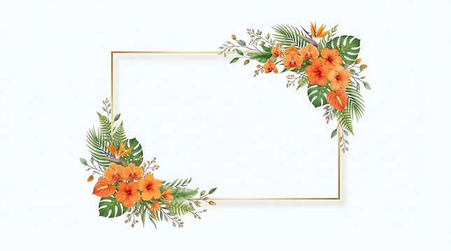 Tropical orange flowers gold frame white background