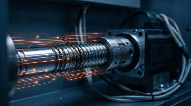 Conceptual macro of a servo motor ball screw mechanism with glowing orange telemetry data