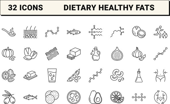 Dietary fats line icon set. Vector pictograms of lipid nutrition, healthy oils, fatty acids, and metabolism elements, thin linear illustration.