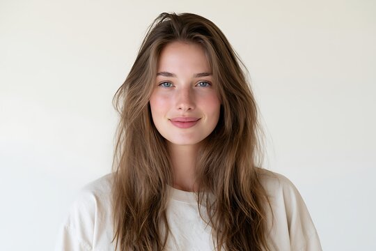 Portrait of a young woman with long brown hair looking at the camera against a neutral background