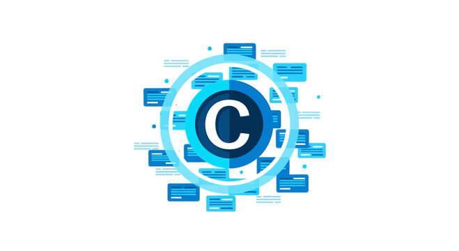 Modern Copyright Symbol and Digital Data Blocks Illustration for Intellectual Property Protection and Content Ownership Concept on White Background