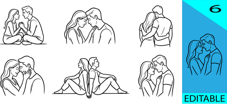 Collection of 6 romantic intimate couple moments forehead touch back hug sitting together editable line art illustration set