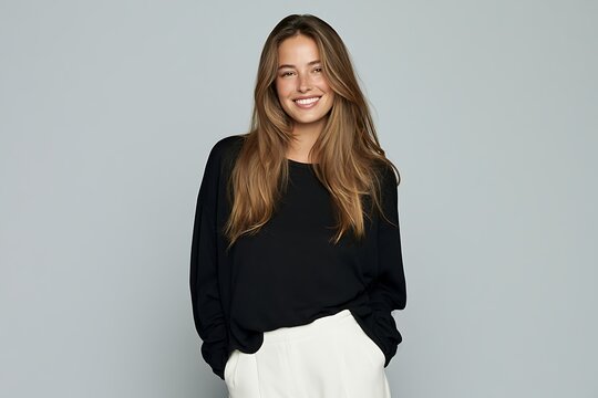 Portrait of a smiling young woman with long brown hair wearing a black sweater and white trousers against a grey background