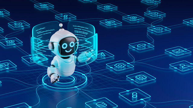 AI agent robot workflow automation orchestrator artificial intelligence data coding icon flow process assistant technology futuristic 3d rendering.