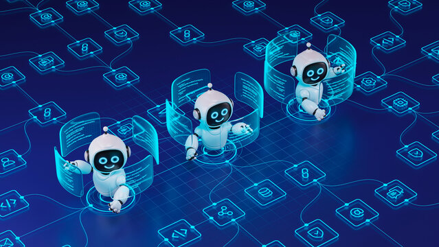 AI agent robot workflow automation orchestrator artificial intelligence data coding icon flow process assistant technology futuristic 3d rendering.