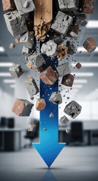 Falling concrete debris and blue arrow in office space.
