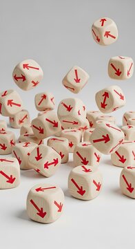 Falling wooden blocks with red arrows on white.