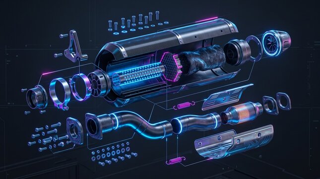Exploded futuristic motorcycle exhaust assembly showing internal components, illuminated with electric blue and neon pink purple cyberpunk accents