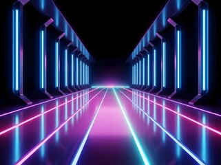 Fototapeta premium Mesmerizing futuristic neon-lit tunnel with glowing blue and purple geometric beams converging into infinity