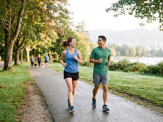 Fototapeta premium Happy couple jogging together on a park path during a morning workout