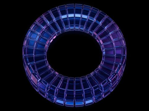 Mesmerizing Geometric Glass Ring Sculpture with Ethereal Blue and Purple Hues Against Dark Void Background