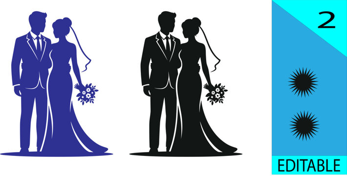Collection of 2 elegant wedding couple bride and groom silhouette with bridal bouquet editable vector illustration