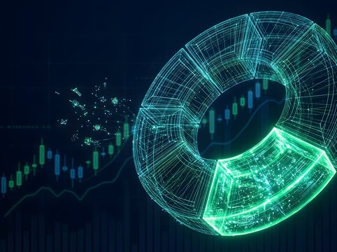 Intricate futuristic data visualization showcasing glowing cryptographic blockchain network with candlestick financial charts and digital