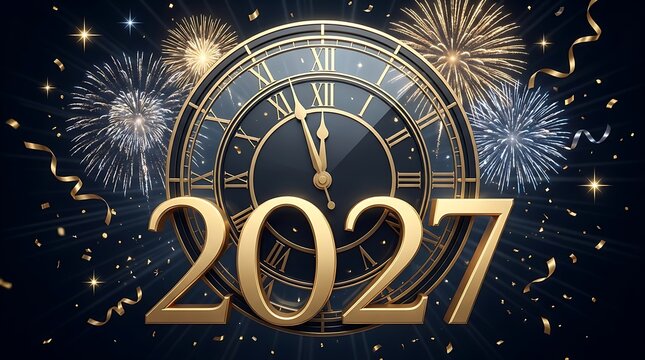 Festive happy new year 2027 greeting card featuring a golden clock and bright colorful fireworks in the night sky