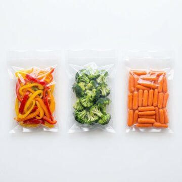 Three transparent plastic vacuum sealed bags containing fresh sliced red bell peppers, raw broccoli florets, and baby carrots on white background