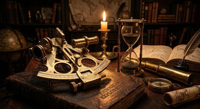 Antique brass astrolabe and hourglass on a table with old books and a lit candle, representing exploration and science