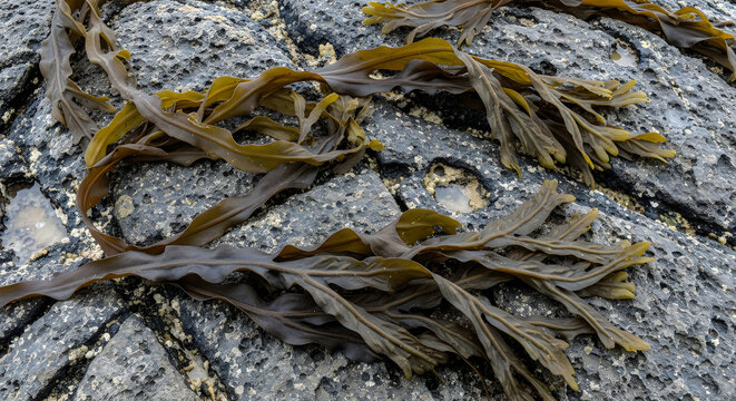 Dark sea kelp washed up on a rocky ocean beach