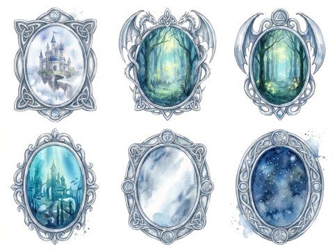 Silver vintage mirror frames with fantasy scenery illustrations set against a plain background.