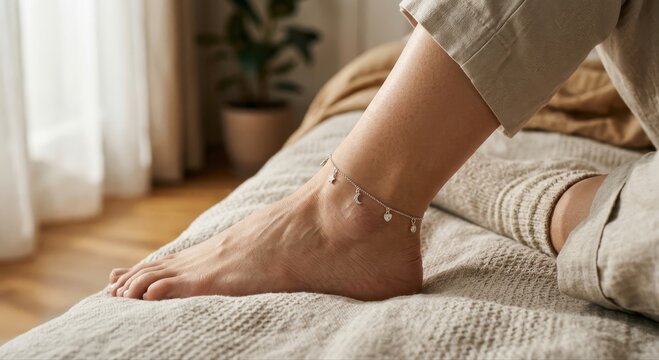 Delicate Silver Anklet with Small Charms Adorning a Woman's Bare Foot on a Textured Blanket