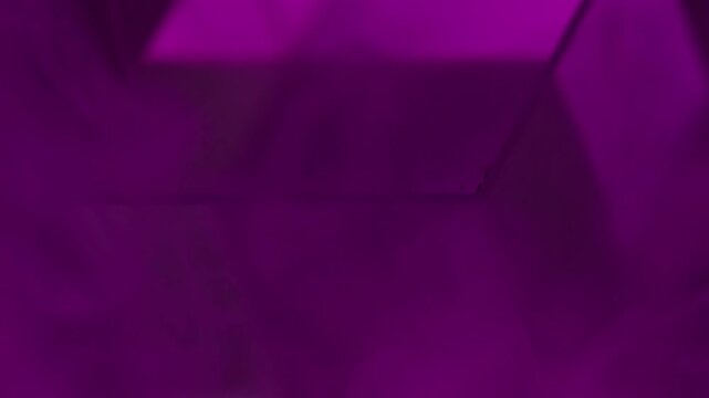 Vertical video. Fog cube. Neon purple mist. Defocused lilac color geometric fume vapor bright texture on abstract dark black light art background.