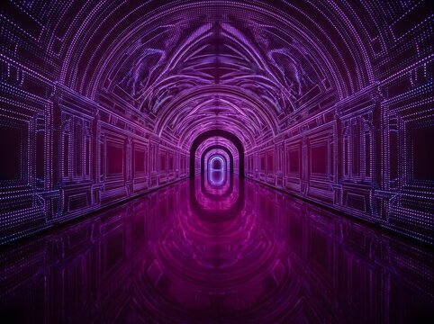 Mesmerizing Glowing Tunnel of Illuminated Arches and Digital Dots Creating Hypnotic Futuristic Passageway with Vibrant Purple Lighting