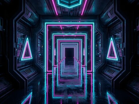 Mesmerizing Futuristic Corridor Featuring Glowing Neon Geometric Pathways and High-Tech Industrial Walls with Vibrant Cyan and Magenta