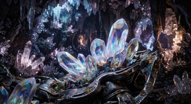 Iridescent Crystal Cluster Growing in a Dark, Magical Cave Setting