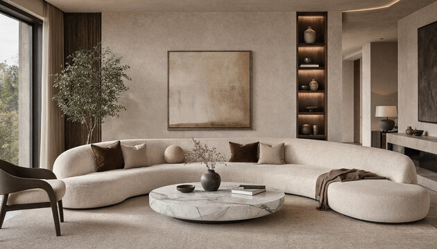 A living room interior featuring a curved beige sofa, a round marble coffee table, and built-in shelving in a neutral color palette
